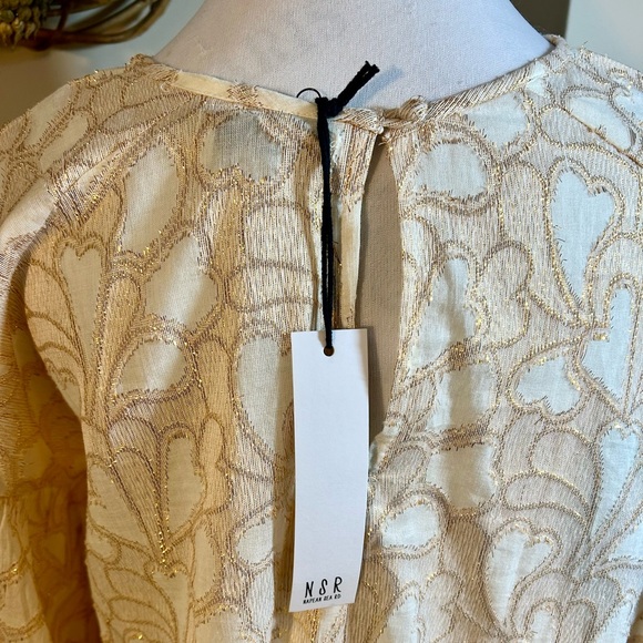 NWT NSR Metalic Gold Thread Lace Dressy  Scoop Neck Elastic Sleeve Blouse Sz M - Picture 6 of 10